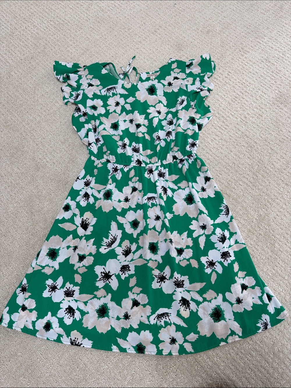 Green Floral Tie-Back Sundress with Ruffle Sleeves